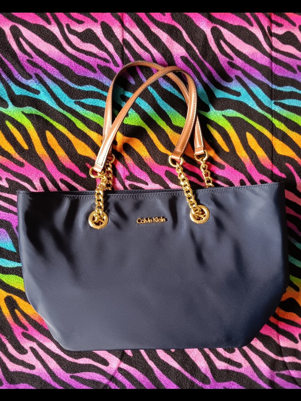 🖤 Calvin Klein Florence Nylon Purse Tote Gold Chain Straps Leather Bag